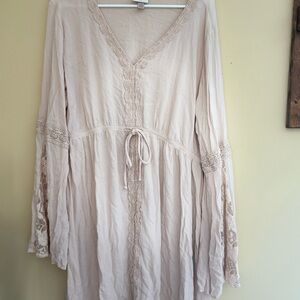 Knox Rose Cream Lace Trim V-Neck Drawstring Tunic Dress